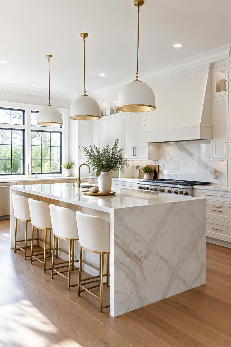 Modern white kitchen with marble island