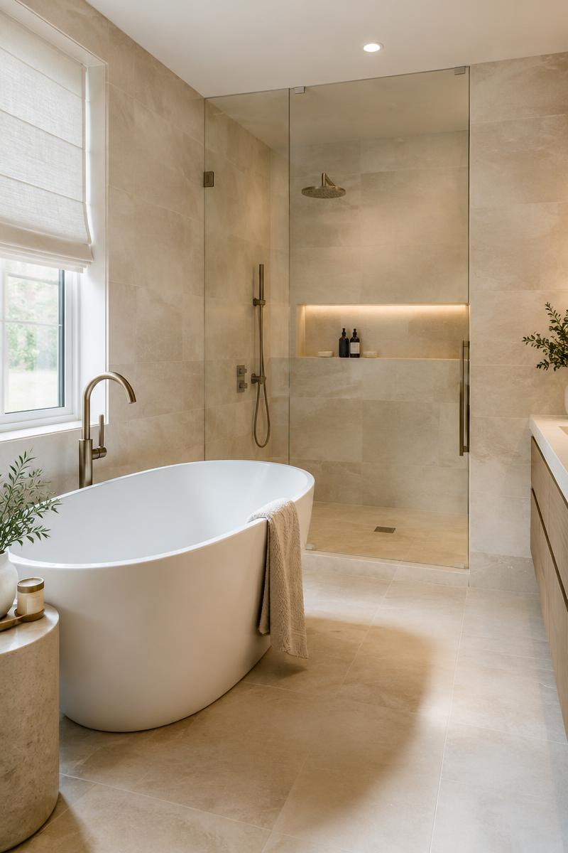 Spa-style bathroom with freestanding bathtub