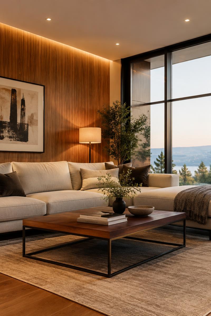 Contemporary living room with wood feature wall