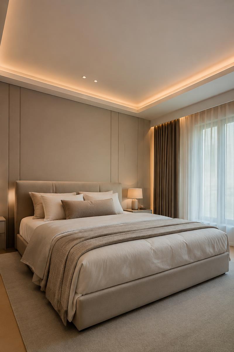 Minimalist master bedroom with cove lighting